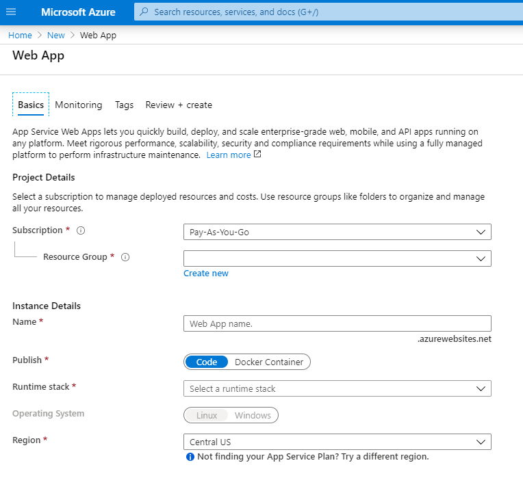 Create App Service Web App in Azure portal