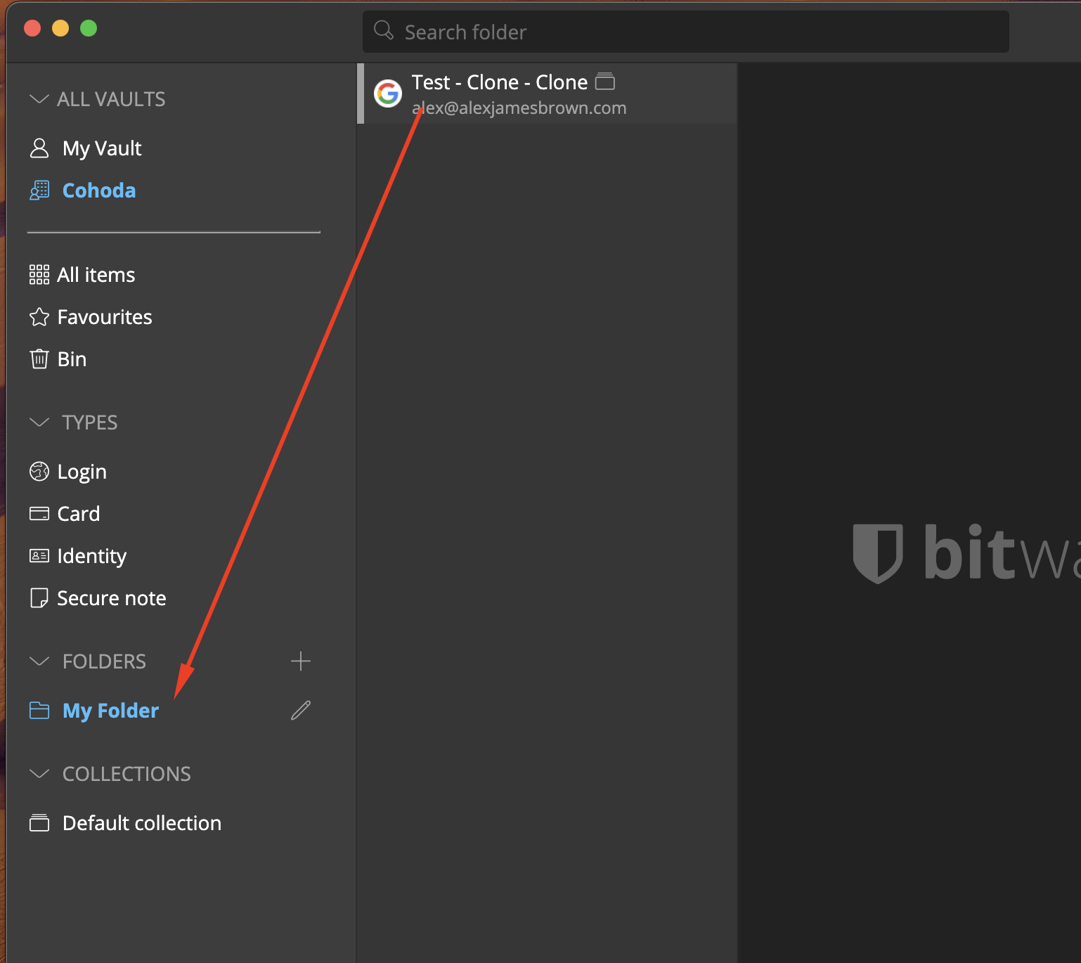 Bitwarden vault item list, which does not support dragging items into folders