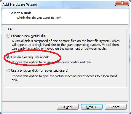 select use an existing virtual disk