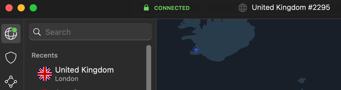 NordVPN client connected to United Kingdom server 2295