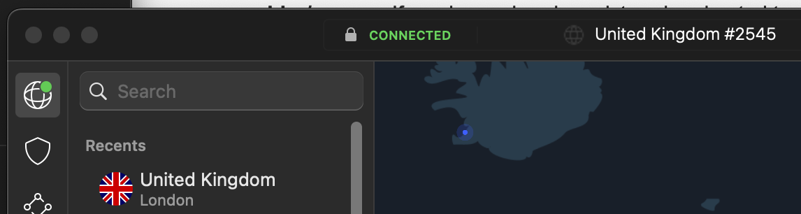 NordVPN client connected to United Kingdom server 2545 after reconnecting