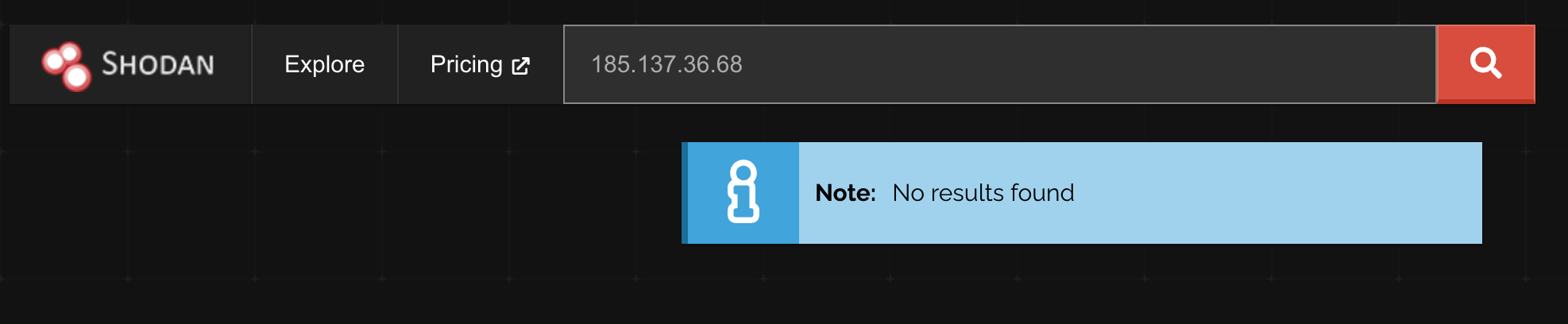 Shodan search results showing no record of the IP address