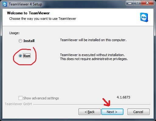 On the first page of the TeamViewer setup, change the option to Run and click Next